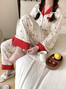 SHEIN 青少年女孩甜美简约樱桃图案翻领口袋前开口长袖上衣和阔腿裤休闲家居服 2 件套