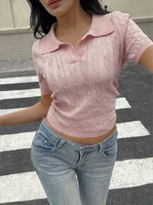 Flirla 休闲扭绳马球领纯色短袖针织上衣 - 粉色 - 查看 5