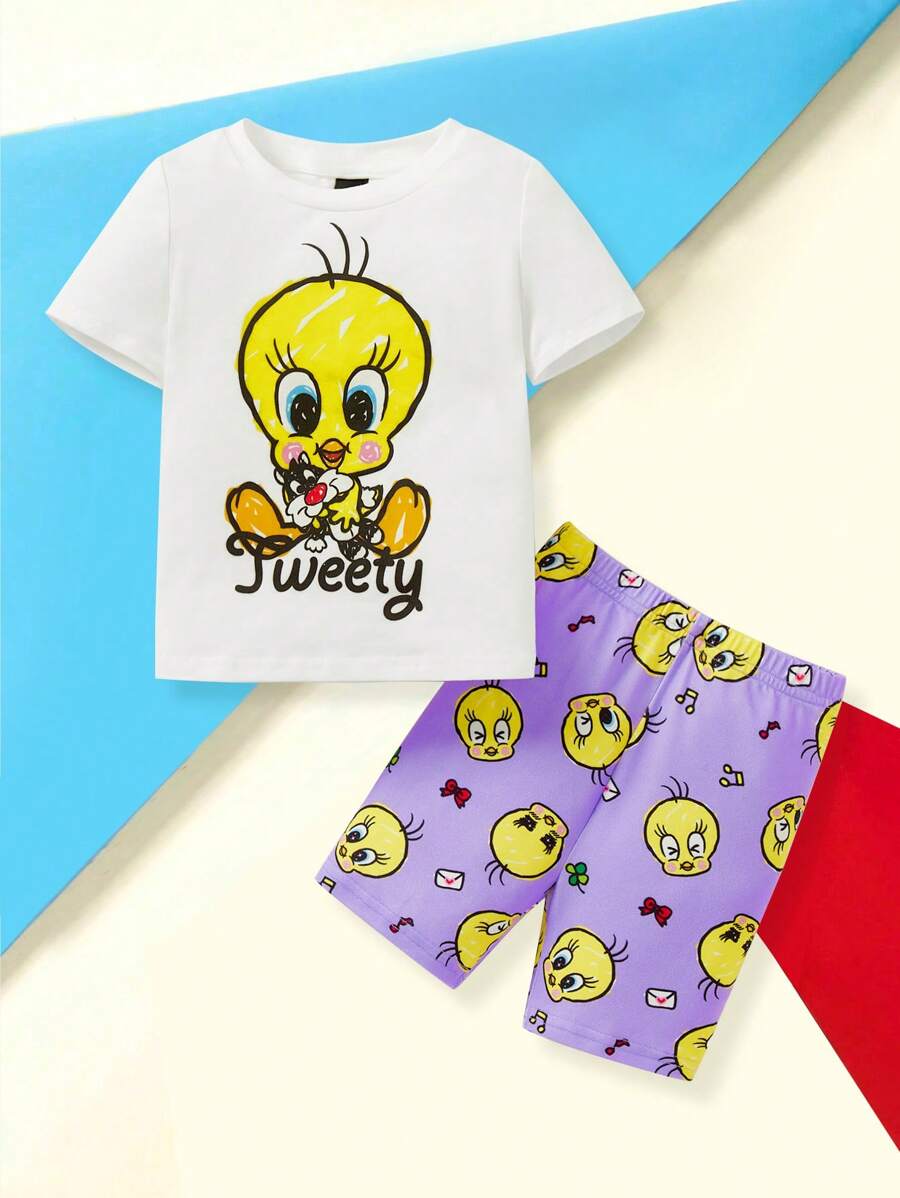 LOONEY TUNES X SHEIN Bộ 2 áo thun tay ngắn cổ tròn in hình chú chim Tweety hoạt hình cho bé gái và quần legging in họa tiết màu tím - trắng - Xem 1