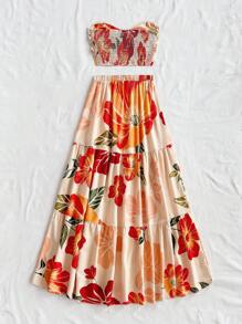 Soleia 女士夏季服装，女士两件套，女士度假服装，复活节，女士西部服装，女士婚礼宾客服装，女士演唱会服装，狂欢节服装，夏季浪漫花卉印花前系带抹胸上衣和松紧腰A字裙女士两件套 - 彩色 - 查看 2