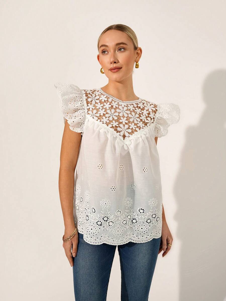 SHEIN Clasi Women's Embroidered Contrast Lace Loose Blouse With Cap Sleeves - White - View 1