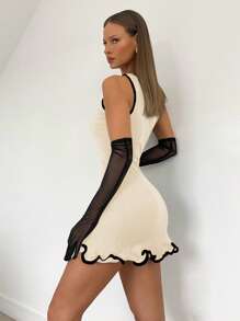 Siren Gaze 女式针织迷你连衣裙，适合休闲家居服或夜间外出，合身、舒适、迷人、优雅的黑色连衣裙 - 杏色 - 查看 2