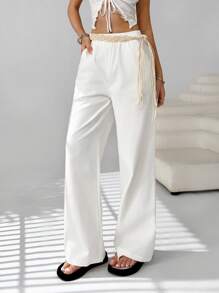 SHEIN EZwear Women's Summer Casual, White Holiday Casual Retro Western, Braided Belt, Loose Casual Trousers, Free Belt