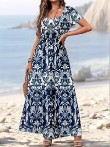 Sylviya 印花休闲方领短袖长款连衣裙，宽松女士夏季连衣裙 - 彩色 - 查看 3