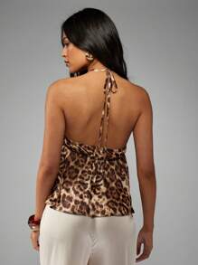 MISSGUIDED Chic Leopard Print Satin Halter Top With Empire Waist Ruffled Flowy Peplum Design Perfect Club Party Festival Summer Evening Wear - Multicolor - View 2