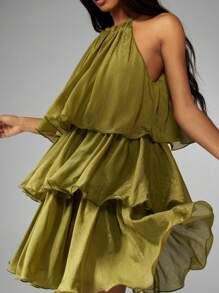 MISSGUIDED PLUS Plus Size Tiered Ruffle Shift Dress Sleeveless Wedding Guest Party Holiday Layered Special Occasion Knee Length Summer Spring - Green - View 5