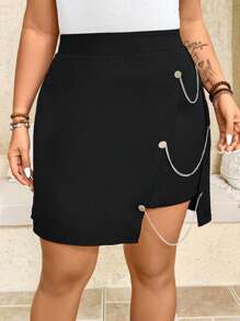 SHEIN Clasi Plus Size Women Black Simple A-Line Skirt With Chain Decor, Summer, St. Patrick's Day, Rave, Festival, Spring Break, St. Patrick Boho - Black - View 3