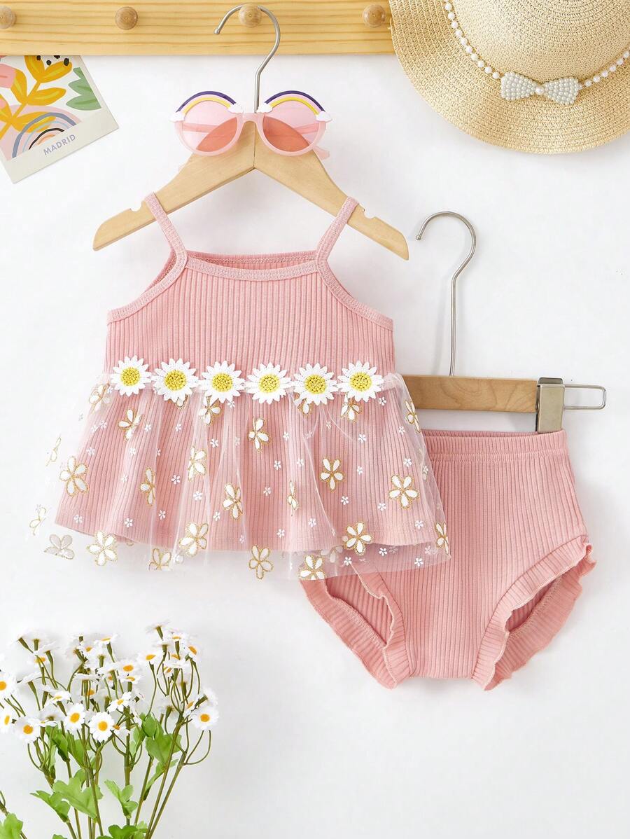 SHEIN 2pcs/Set Baby Girls' Casual Vintage Elegant Lovely Cute Daisy Embroidered Ribbon & Net Tulle Outfit, Suitable For Outdoor In Spring/Summer - Pink - View 1
