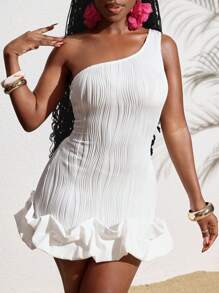 Slaydiva Summer Casual Solid White Textured Fabric Asymmetric Ruffled Hem Bodycon Dress - White - View 7