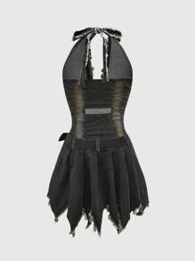 ROMWE Grunge Punk Y2K Western Retro Distressed Fitted Halter Backless Asymmetrical Hem Denim Bodycon Dress For Women - Black - View 2