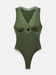 Maija 女式 2025 年夏季新款休闲时尚蕾丝拼接 V 领紧身衣，百搭日常穿着，适合海滩、音乐节、度假、浪漫都市郊游、婚礼宾客、毕业季 - 軍綠色 - 查看 9