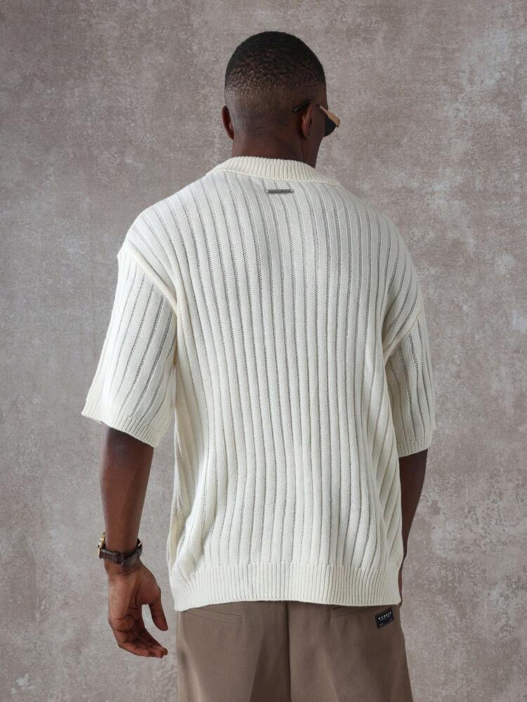 Ribbed Knit Polo Short Sleeve Sweater