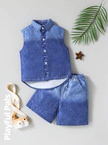 SHEIN Conjunto de chaleco y shorts vaqueros con efecto degradado para niño