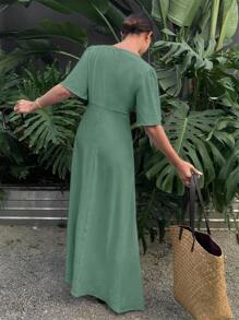 Serisse Women's Solid Color Pleated Short Sleeve Elegant Dress For Holiday,Summer Dresses For Women Party Green Vacation Casual - Green - View 2