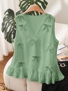 CosyJoli 大码女式无袖蝴蝶结 V 领设计休闲白衬衫，时尚日常穿着