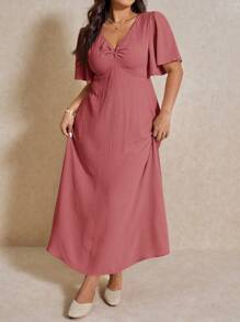 Elaquor Plus Size Casual Elegant V-Neck Waist Gathering A-Line Long Dress, Suitable For Vacation - Dusty Pink - View 4