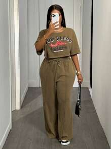 Slaydiva Plus Size Women's Casual Street Style Cropped T-Shirt & Loose Sweatpants 2 Pieces Set - Brown - View 6