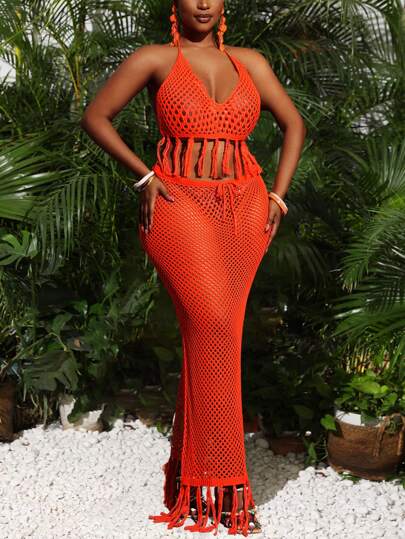 Slaydiva Plus Size Hollow-Out Knit Fringed Backless Halter Neck Top And Extra Long Knit Skirt Set, Western-Style, Women's