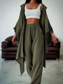 INAWLY 2pcs Women Solid Color Long Sleeve Open Front Jacket And Pants Casual Suit Set - Green - View 1