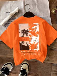 SHEIN Koszulka z krótkim rękawem i okrągłym dekoltem dla chłopców w stylu casual, odpowiednia na lato