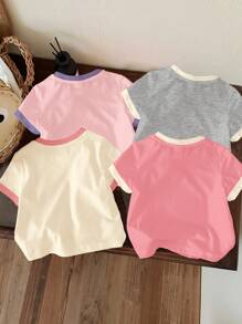 SHEIN 4 件套年轻女孩休闲撞色边饰可爱樱桃、心形、蝴蝶结印花圆领短袖 T 恤，上衣适合春夏季 - 彩色 - 查看 2