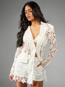 MISSGUIDED Luxury Crochet Lace Blazer Short Set Co-Ord Wedding Reception Bridal Shower Two Piece Evening Party Business Summer Formal Suit