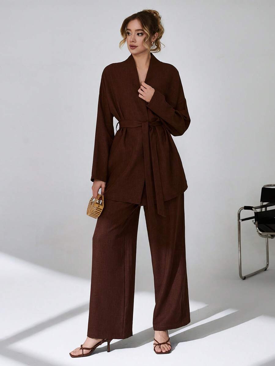 CLARA VERO Bộ đồ hai mảnh có chi tiết thắt lưng, bộ ấm cúng, dễ mặc ở nhà và ngoài trời - màu nâu - Xem 1