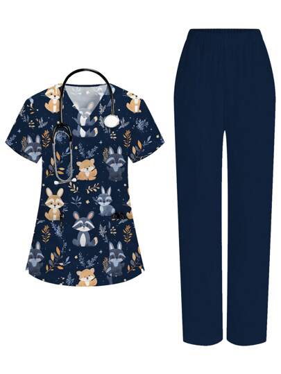 PopScrub Cartoon Nurse Short Sleeve Scrub Top And Bottoms Set, Women Scrub Sets For Women Nurse Scrub Sets Women Scrubs Scrub Sets Print V Neck Frosted Scrub Top, Casual Short Sleeve Work Wear, Women Sweetheart V-Neck Ruched Blouse, Women Short Sleeve V-Neck Nurse Uniform Shirt With 2 Pockets, Soft Stretchy Ruched Graphic Tee