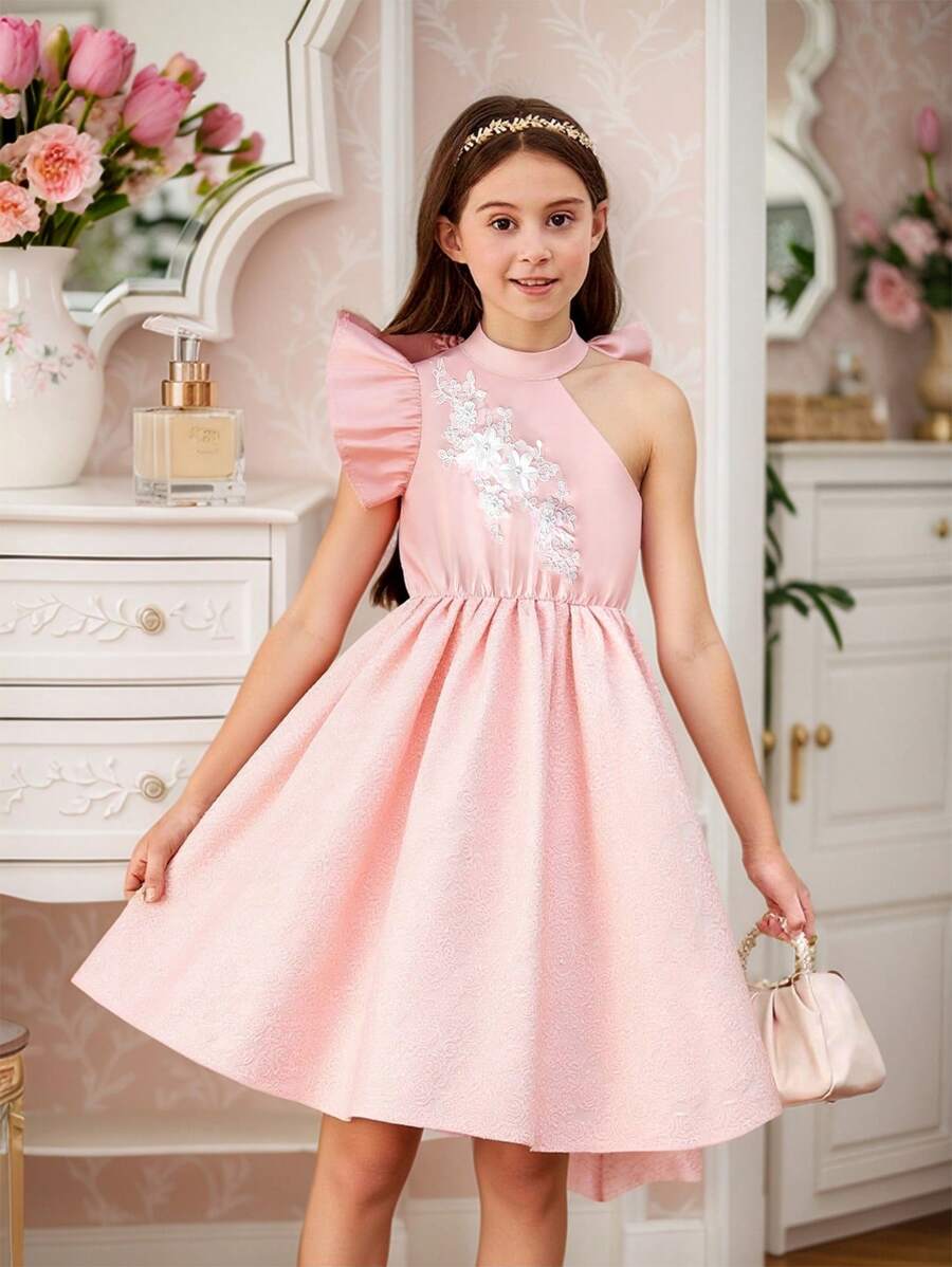 Elegant Asymmetric Stitching Double Layer Ruffle Sleeve Floral Decor Jacquard Fabric Pink Dress, Suitable For Party And Gathering In Spring And Summer - Pink - View 1