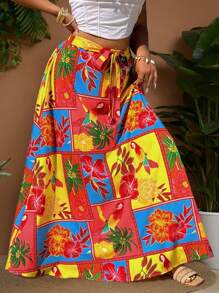 Sunnyshic Plus Size Holiday Plants & Floral Pattern Casual Skirt, Fashionable Daily Wear