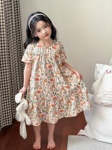 Zikori Zikori Camisola Larga com Decote Redondo e Estampa Fofa de Raposa e Tigre para Meninas Jovens