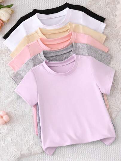 SHEIN Vintaside Kids 6pcs/Set Baby Girl Casual All-Match Solid Color Loose Comfortable Soft Knitted Round Neck Short Sleeve T-Shirts Tops, Available In Black, Pink, White, Apricot, Grey, Purple, Suitable For Spring/Summer Wear, High Cost-Performance