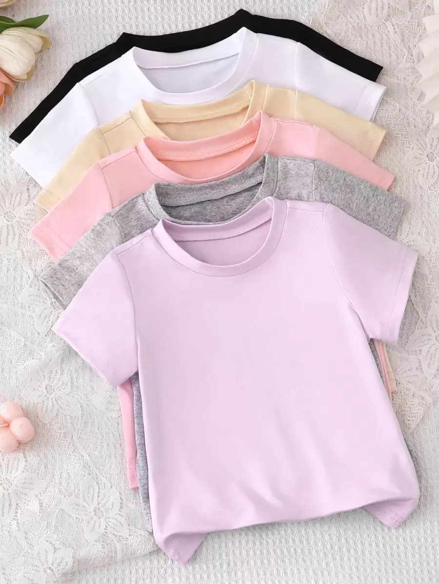 SHEIN Vintaside Kids 6件組女嬰休閒針織圓領短袖T恤上衣,柔軟夏季配色,夏季休閒開學季素色T恤 - 彩色 - 查看 1