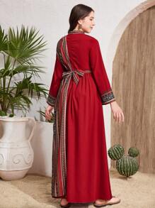 SHEIN Teen Girl's Red Stand Collar Loose Elegant Long Dress, Flared Sleeves, Woven Fabric Contrast Geometric Print, Cinched Waist Waist, Suitable For Eid, National Day, Eid Al-Fitr, Eid Al-Adha Dress