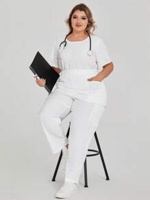 TaskEZ Conjunto de pijama de talla grande - Top de manga corta y cuello redondo de unicolor y pantalón largo