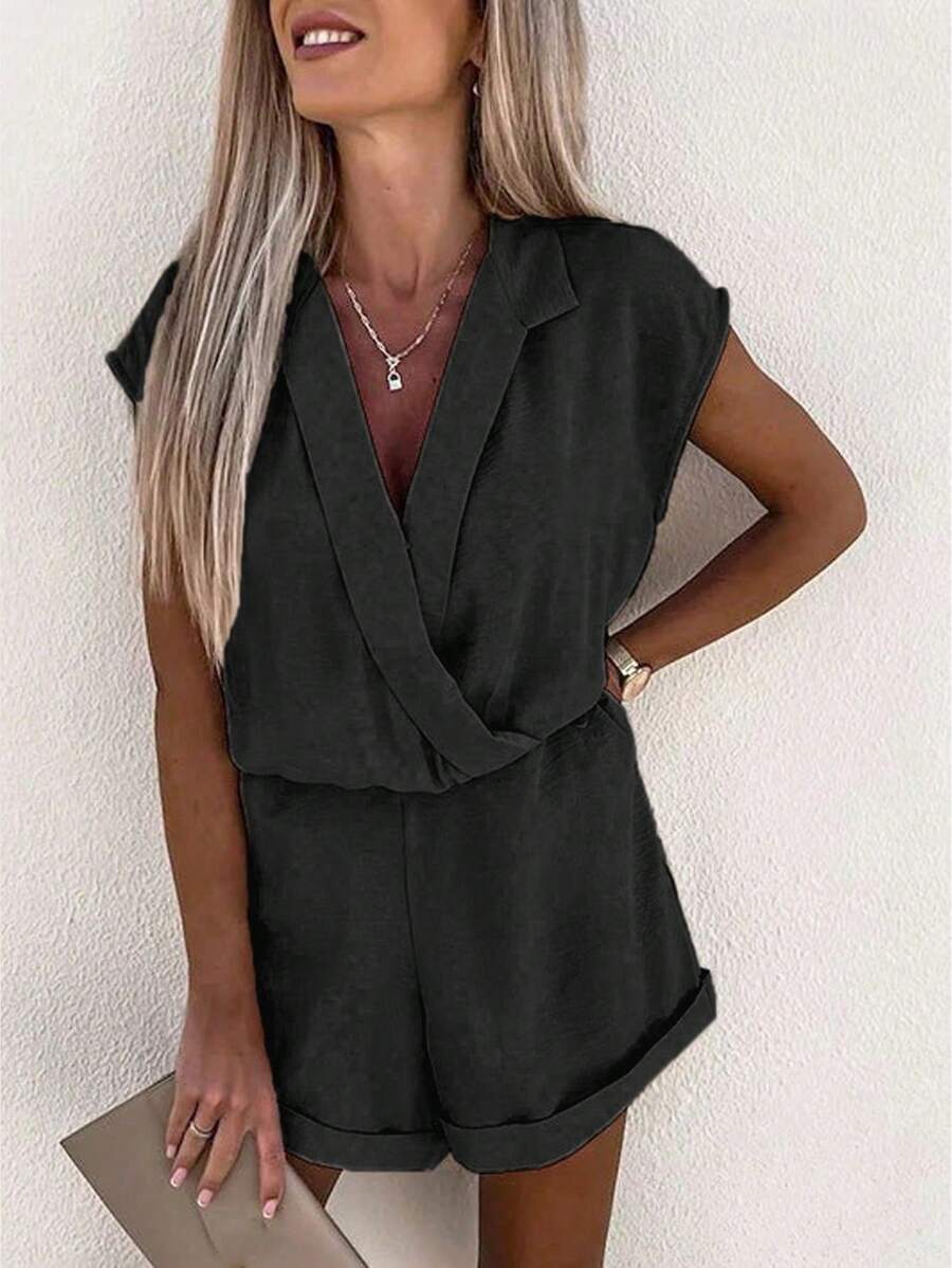 INAWLY 女士休闲优雅通勤和度假宽松 V 领褶皱腰无袖连体裤，春夏 - 黑色 - 查看 1