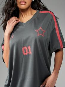 MISSGUIDED Contrast Stripe V Neck Oversized Football Jersey T-Shirt - Dark Grey - View 5
