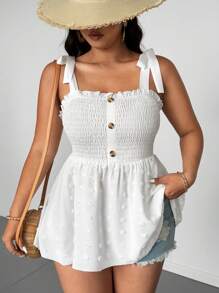 Elenzga Plus Size Women's Solid Color Front Gathered Patchwork Textured Fabric Shoulder Strap Blouse - White - View 5