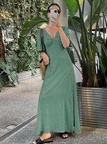 Serisse Women's Solid Color Pleated Short Sleeve Elegant Dress For Holiday,Summer Dresses For Women Party Green Vacation Casual - Green - View 3