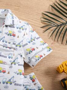 2pcs Baby Boy Knitted Collar Short Sleeve Top & Car Print Pants Home Outfit, Spring/Summer - Multicolor - View 5