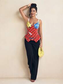 SHAQUITA GARCIA 女士红色对比圆点印花细肩带印花无袖上衣 - 彩色 - 查看 6