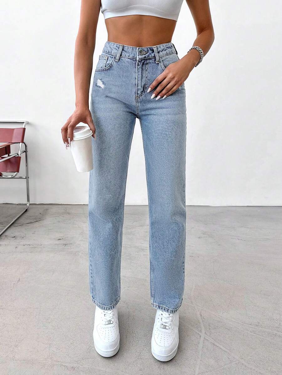 EURMUSE Women Casual Washed Ripped Straight Leg Jeans - Blue - View 1