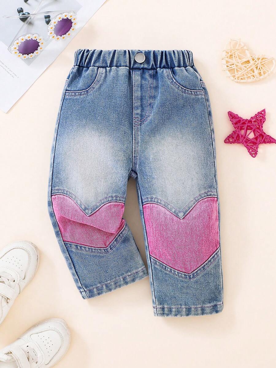 Baby Girls Y2K Fashion Patchwork Elastic Waist Comfortable Wash Denim Heart Jeans - Light Wash - View 1