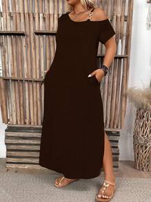 Plus Size Women's Solid Color Simple Daily Dress, For Thanksgiving Maxi Women Outfit - Brown - View 5