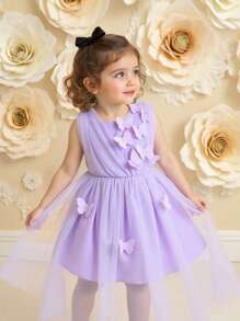 Baby Girls' Dreamy Purple 3D Floral Mesh Strap Party Dress, Suitable For Outing, Performance, Banquets And More Occasions - Purple - View 1