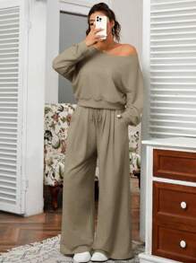 Solflare Plus Size Women Solid Color Asymmetric Neck Long Sleeve Sweatshirt And Pants Casual 2 Pieces Set - Khaki - View 6
