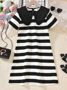 1pc Tween Girls' Casual Frill Collar Black & White Striped Short Sleeve Dress, Spring/Summer - Black and White - View 1