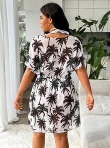 Swim Lushoire Plus Size Women Leaf Print V-Neck Waist Tie Wrap Dress - Black and White - View 2