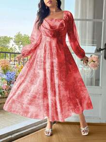 SHEIN Clasi Vestido de línea A con cuello cuadrado y mangas con volantes para el Día de San Valentín, talla grande - Multicolor - Ver 3