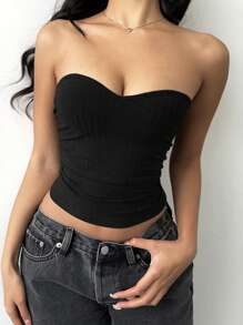 SHEIN BASICS Top tubo ajustado de punto de color liso informal para mujer - Negro - Ver 4